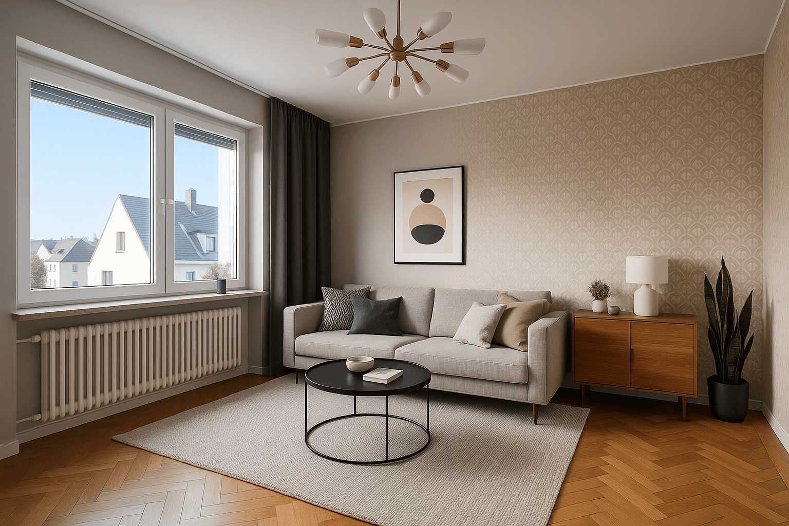 Gemütliches Wohnzimmer mit modernem Sofa, stilvoller Tapete und Parkettboden, bietet einen angenehmen Rückzugsort.