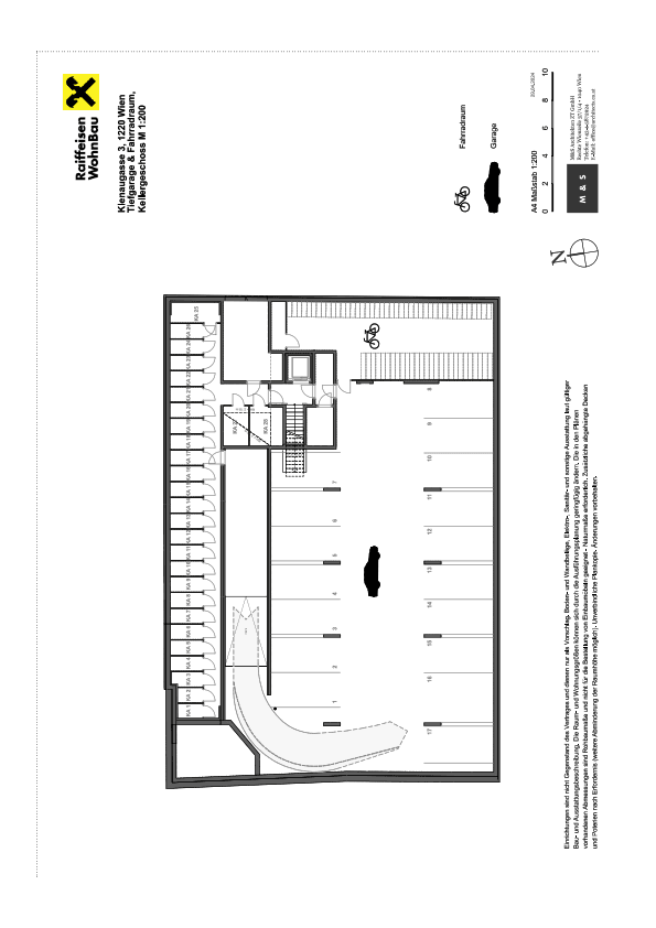 Grundriss des Kellergeschosses mit Tiefgarage und Fahrradraum.