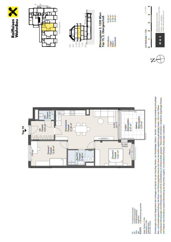 Grundriss der Wohnung Top 15 mit Wohnbereich, zwei Zimmern und Balkon.