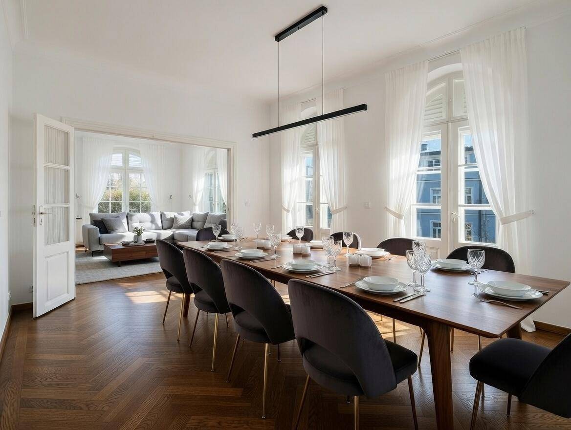 Eleganter Essbereich mit Holzboden, großem Esstisch und Zugang zum Wohnzimmer.
