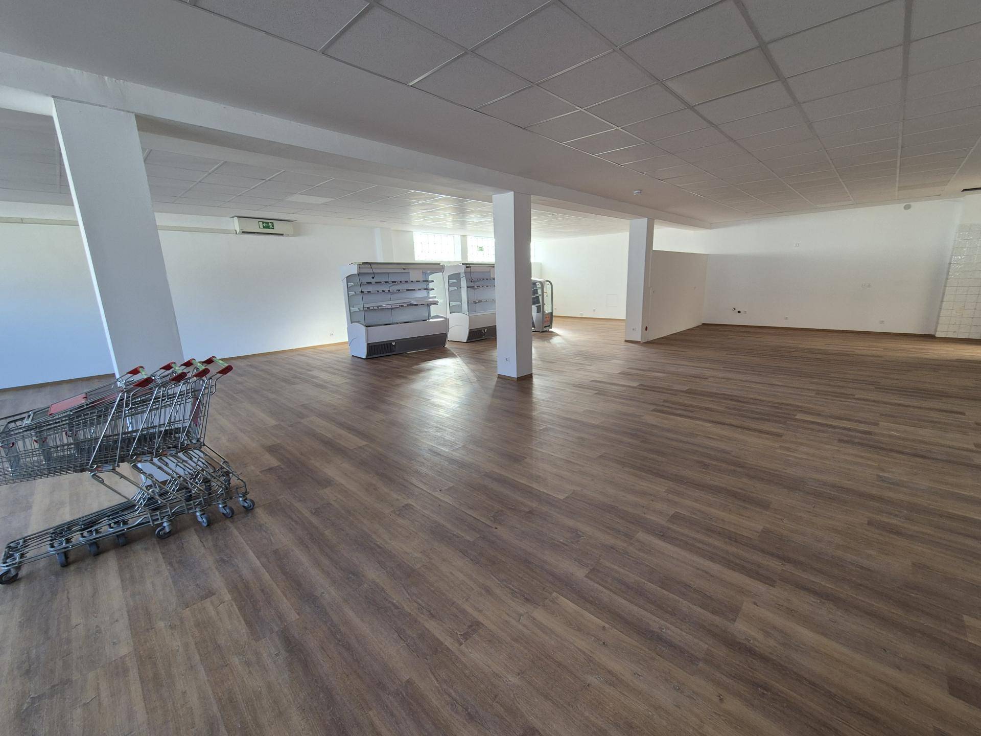 Großzügiger, leerstehender Ladenbereich mit Laminatboden, hohen Decken und Einkaufswagen.