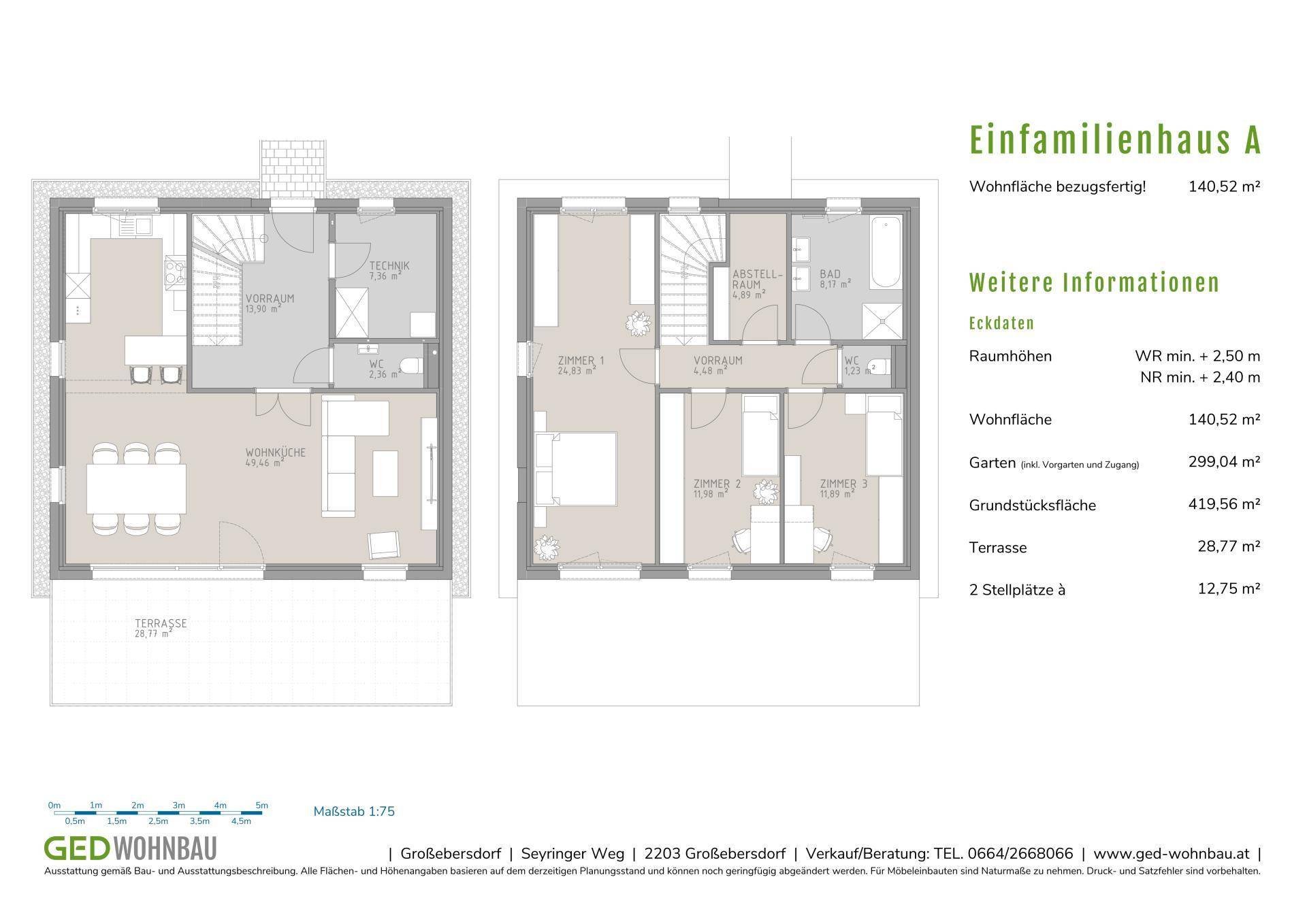 Grundrissplan eines Einfamilienhauses mit zwei Etagen, offener Wohnküche im Erdgeschoss und Terrasse.