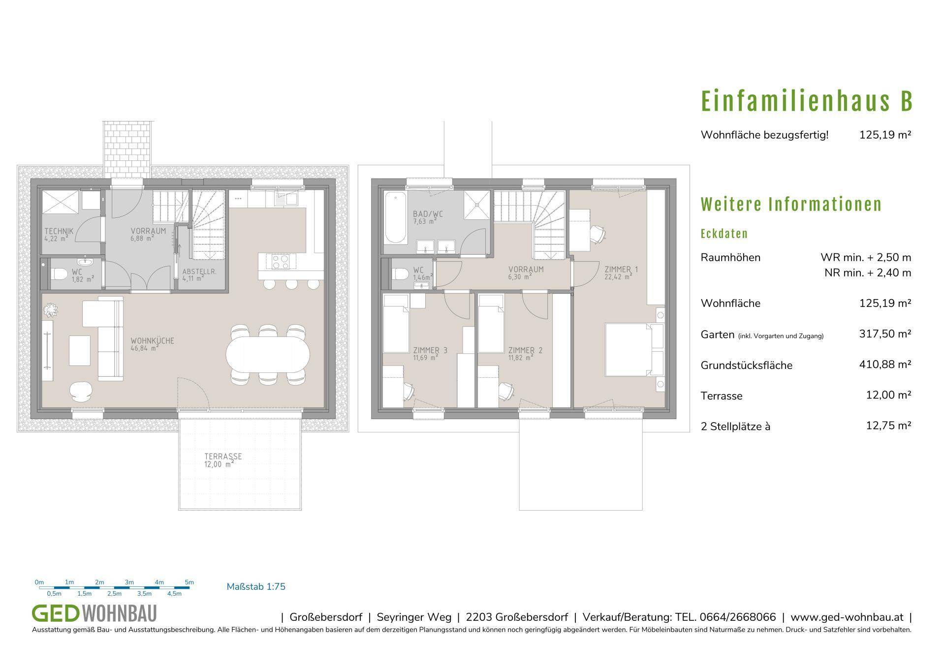 Dieser Grundriss zeigt ein modernes Einfamilienhaus mit offener Wohnküche, Terrasse und drei Schlafzimmern.