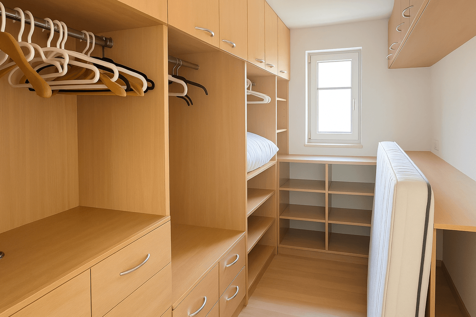 Geräumiger begehbarer Kleiderschrank mit vielen Ablagemöglichkeiten und einem Fenster.