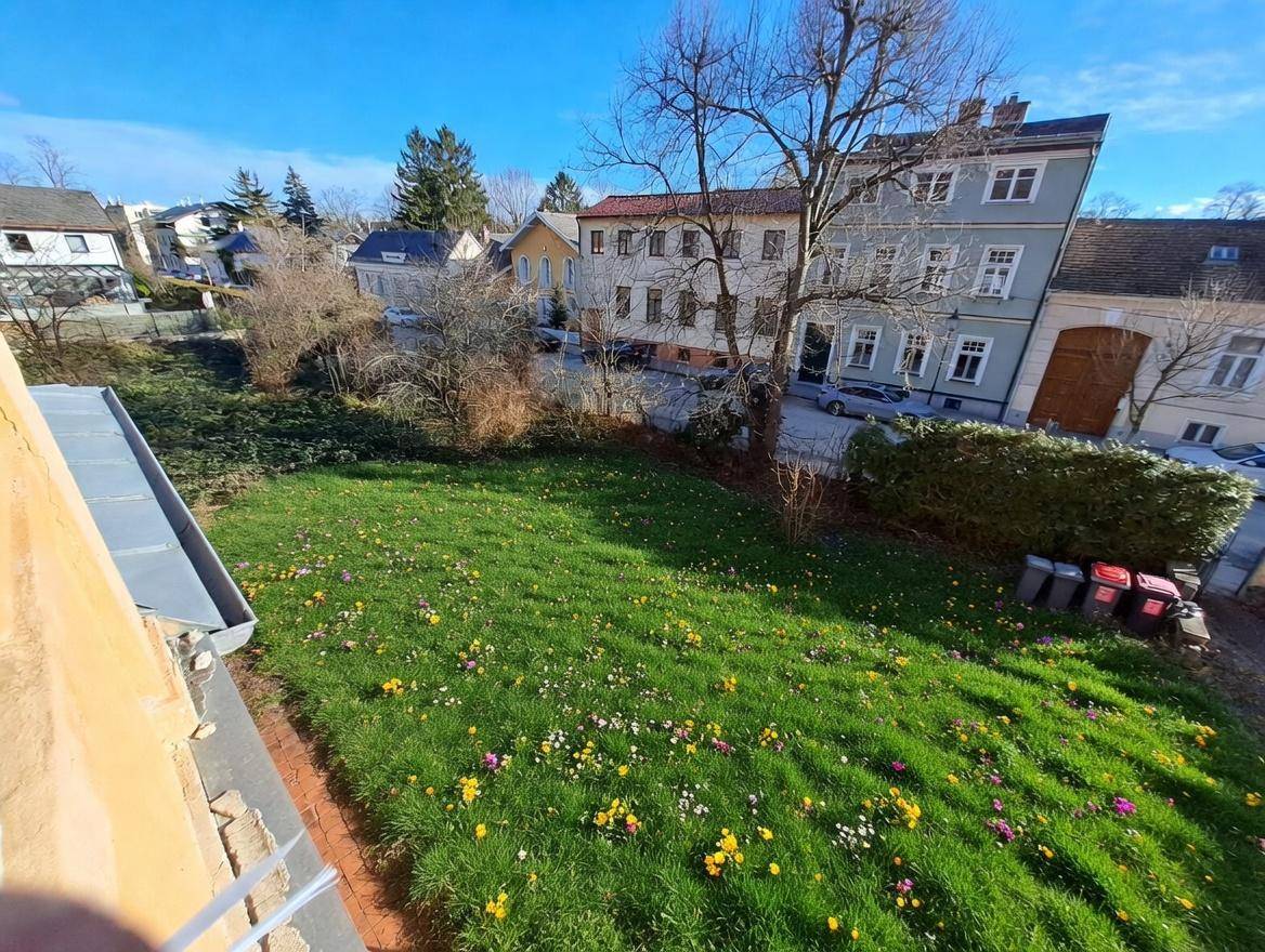Blick von oben auf einen blühenden Garten mit Rasenfläche und umliegenden Gebäuden.