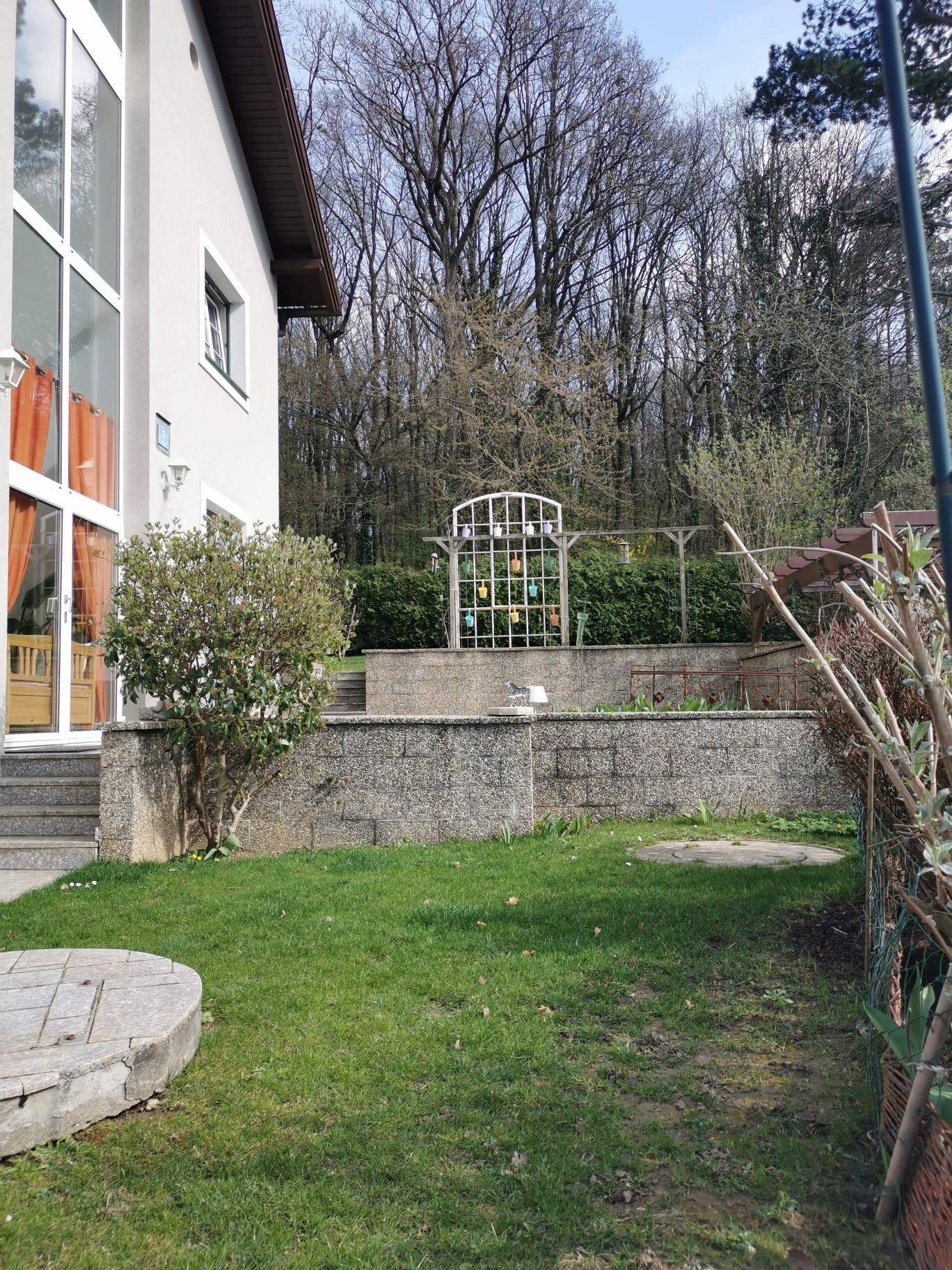 Gepflegter Gartenbereich mit Rasenfläche, Steinmauern und dekorativem Rankgitter.