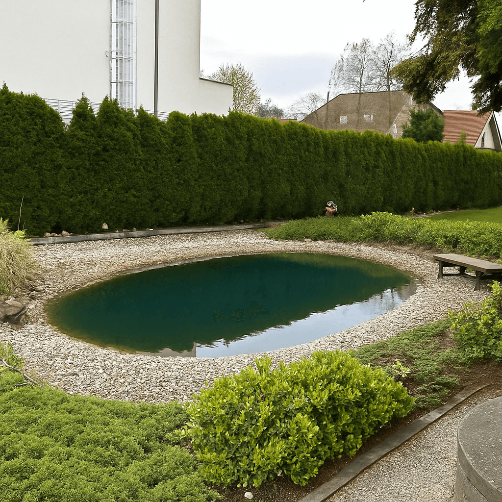 Idyllischer Gartenteich umgeben von Kies und grünen Pflanzen, eingefasst von einer hohen Hecke.