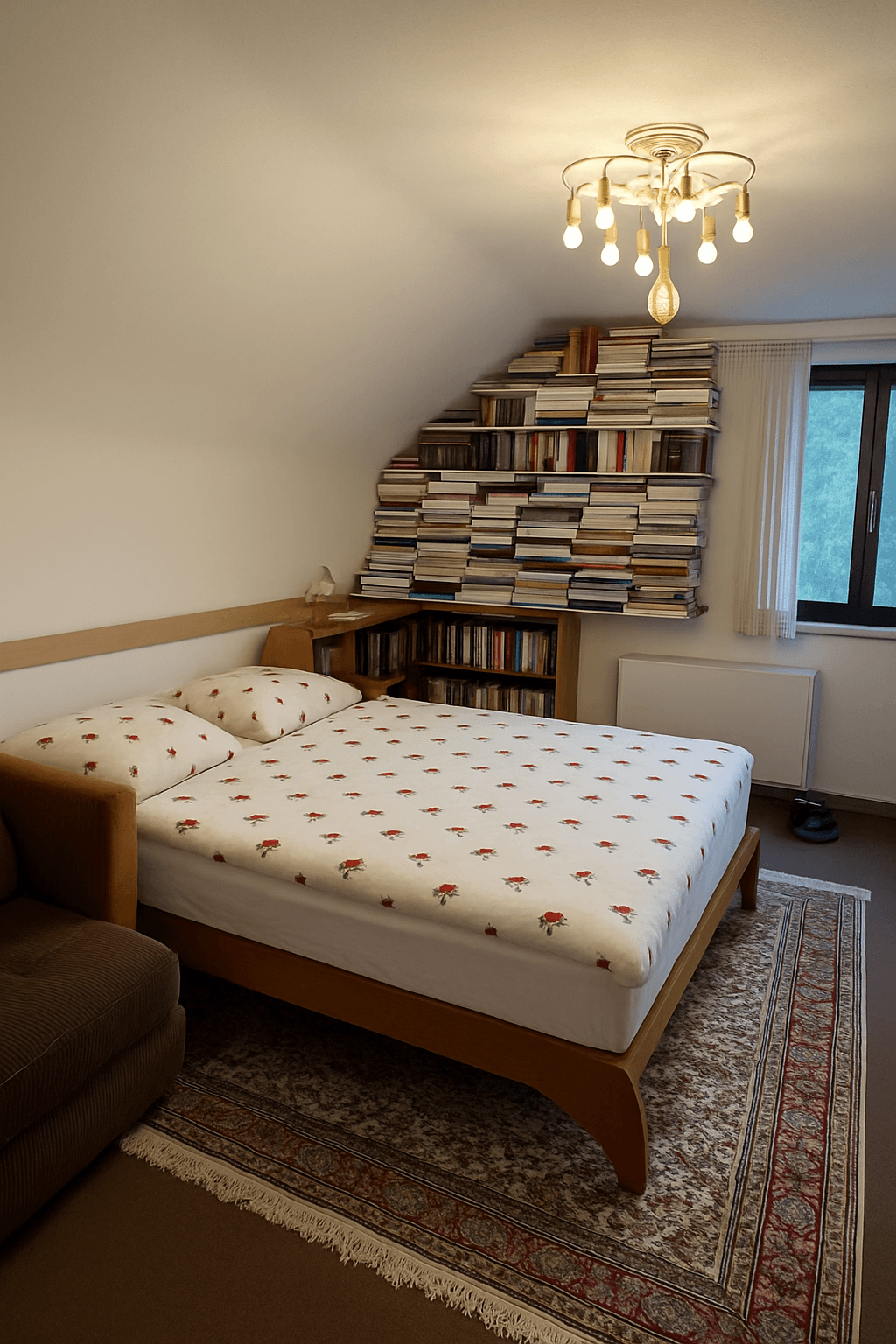 Gemütliches Schlafzimmer mit Dachschräge, integriertem Bücherregal und Teppichboden.
