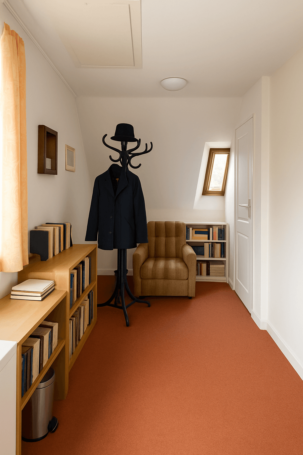 Heller Flur mit Dachfenster, Lesesessel und Bücherregalen, ideal als kleiner Rückzugsort.