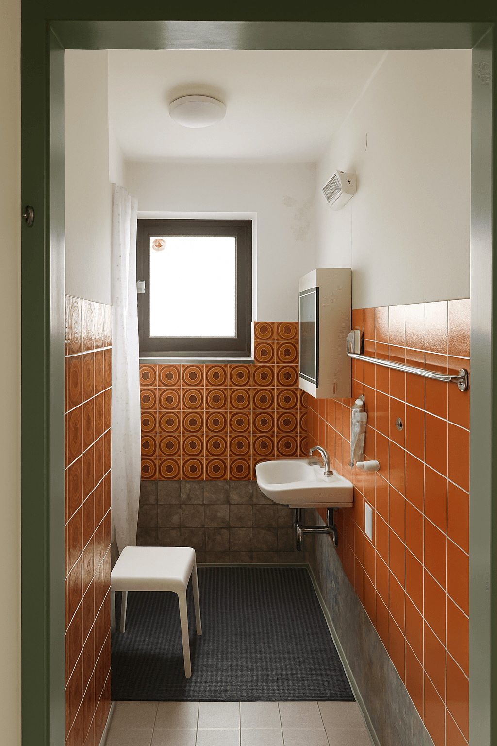 Badezimmer im Stil der 80er Jahre mit orangefarbenen Fliesen, kleinem Waschbecken und Fenster.