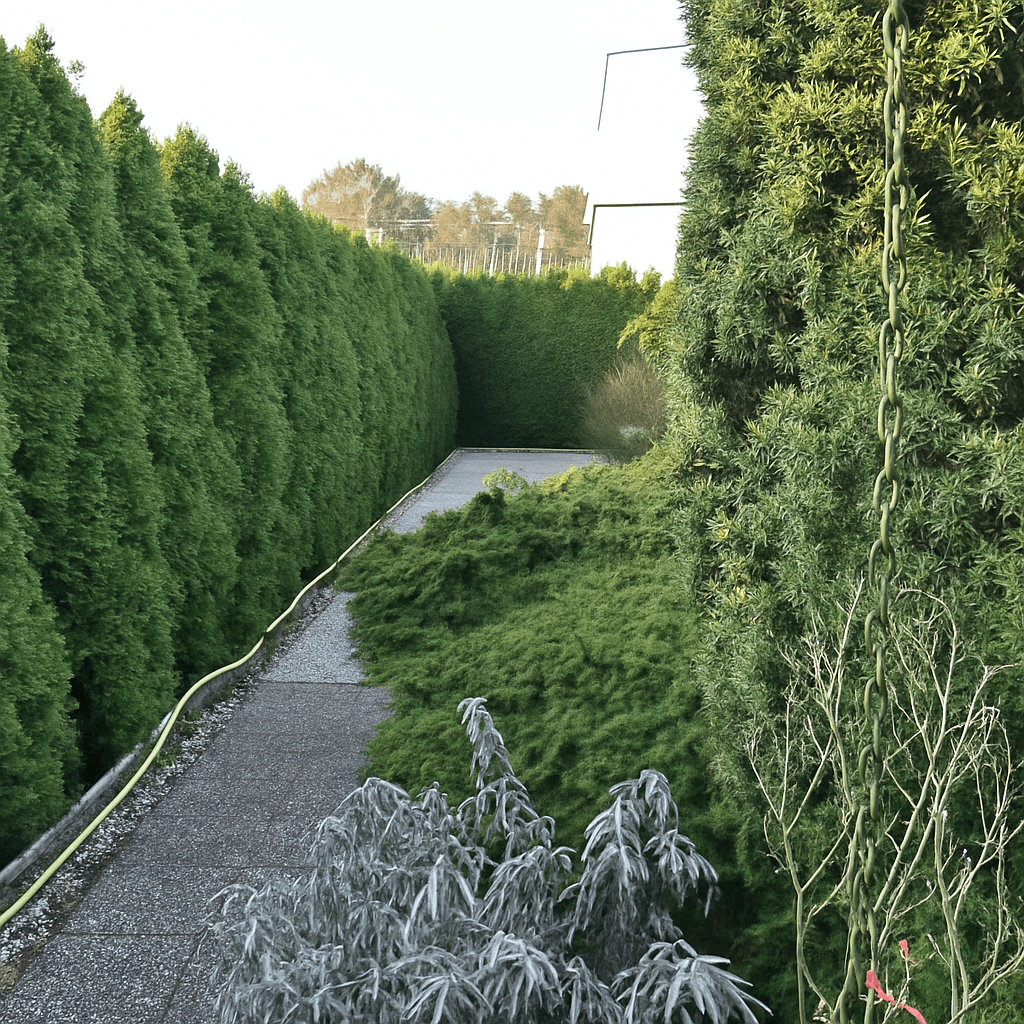 Langer, schmaler Gartenweg zwischen hohen, dichten Hecken, der zu einem versteckten Bereich führt.