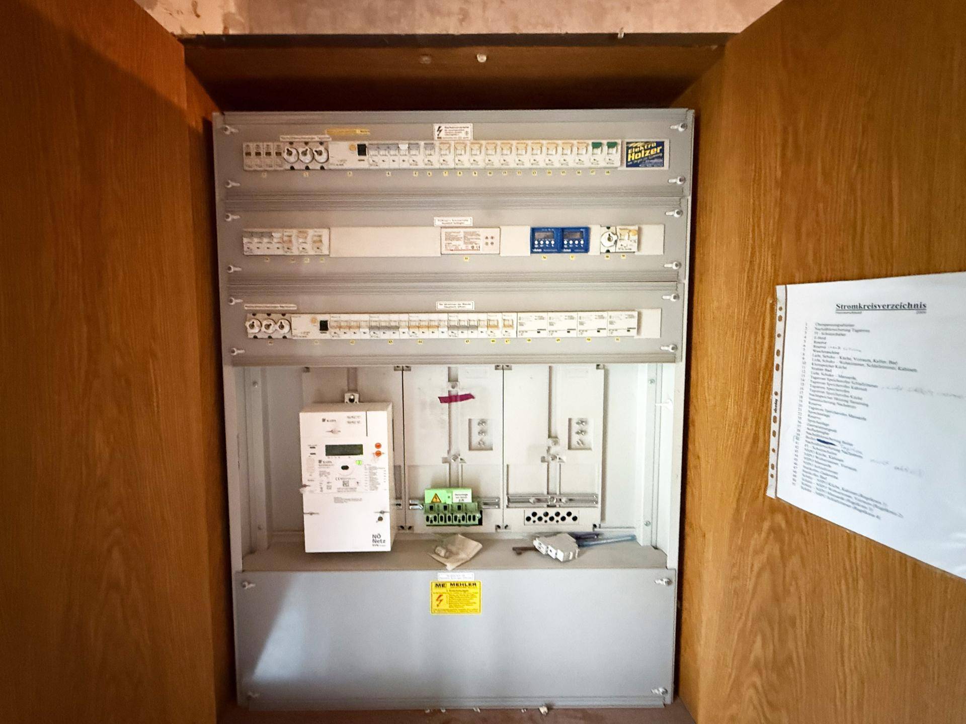 Elektrischer Verteilerkasten in einem Abstellraum mit Holzverkleidung, zeigt die Hauptstromversorgung.