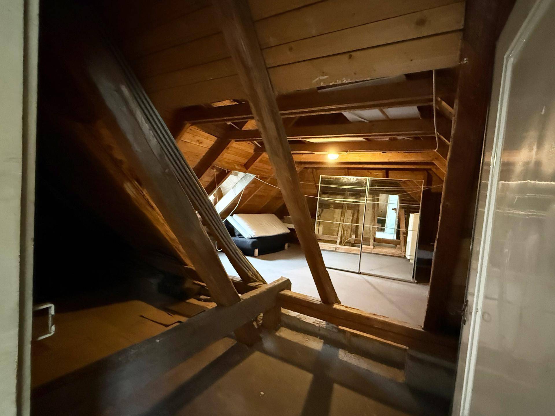 Dachboden mit sichtbarer Holzkonstruktion und Dachschrägen, bietet viel Stauraum.