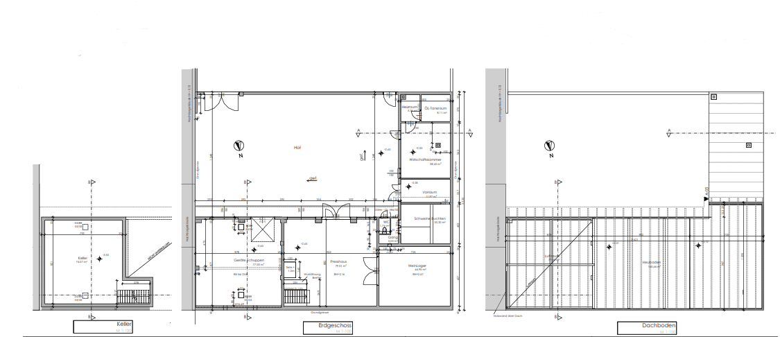 Übersicht der Grundrisse für Keller, Erdgeschoss und Dachboden mit verschiedenen Räumen.