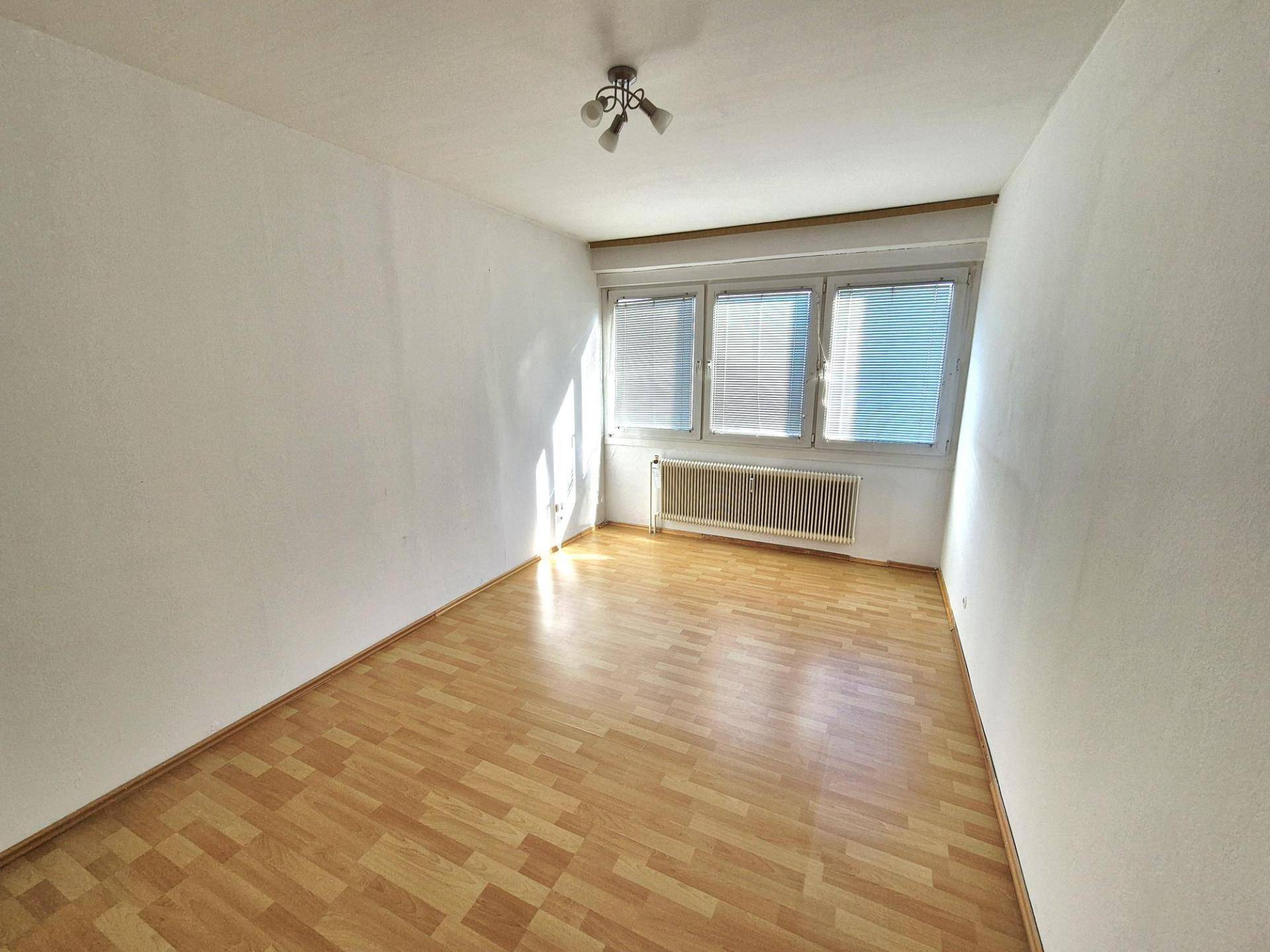 Lichtdurchflutetes Zimmer mit Laminatboden und großen Fenstern, vielseitig nutzbar.