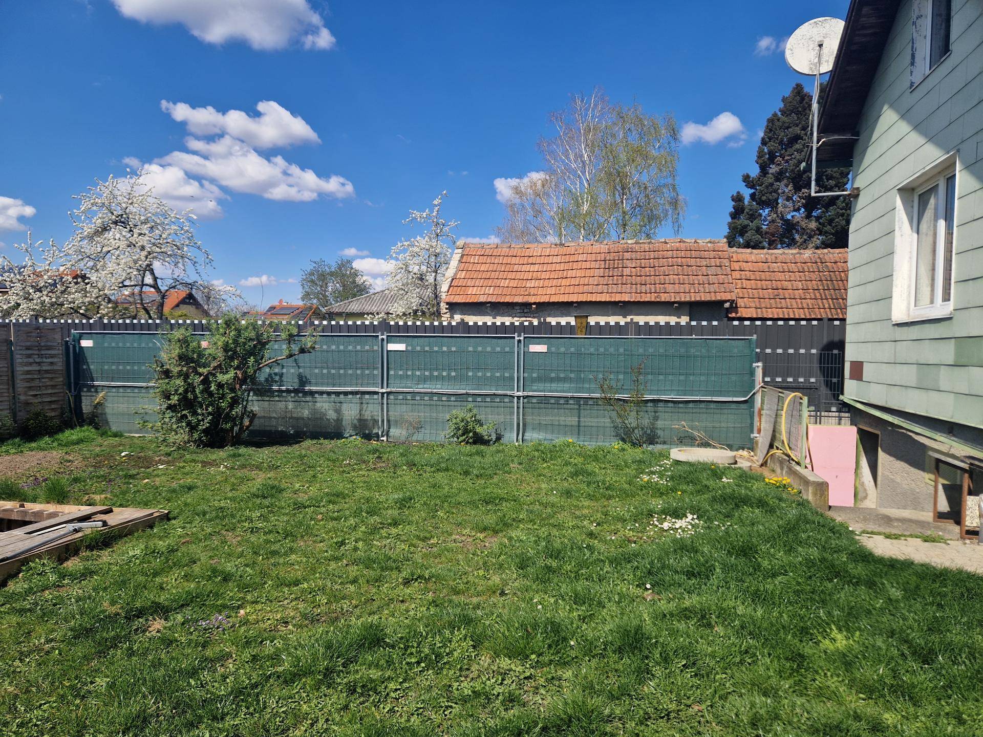 Hinterhof mit Rasenfläche, umzäuntem Bereich und blühenden Bäumen im Hintergrund.