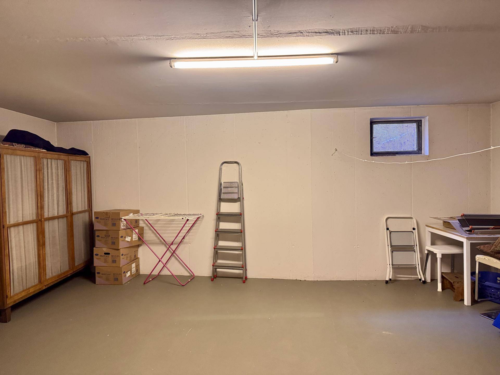 Geräumiger Kellerraum mit Betonboden, kleinem Fenster und Stauraum für verschiedene Gegenstände.