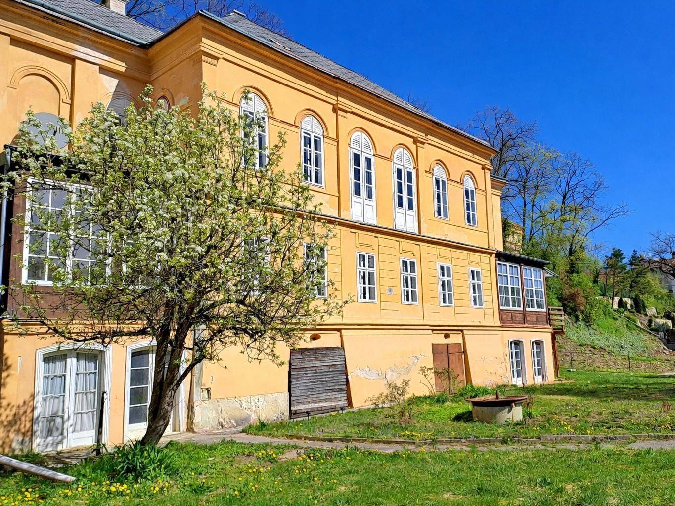 Seitenansicht des historischen Gebäudes mit blühendem Baum und weitläufigem Gartenbereich.