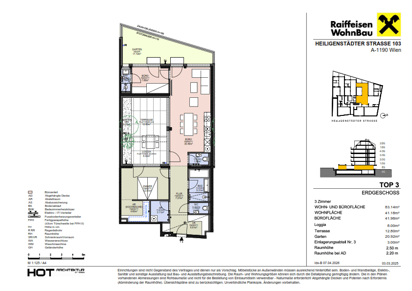 Grundriss einer 3-Zimmer-Wohnung im Erdgeschoss mit Terrasse, Garten, Loggia und Balkon.