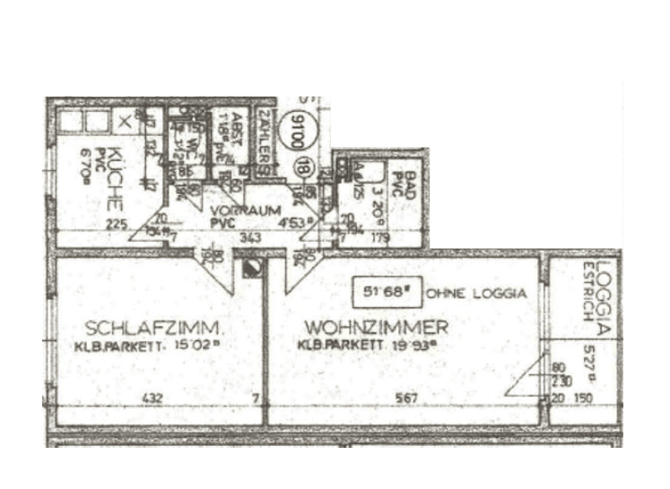 Grundrissplan mit Schlafzimmer, Wohnzimmer, Küche, Bad und einer Loggia.