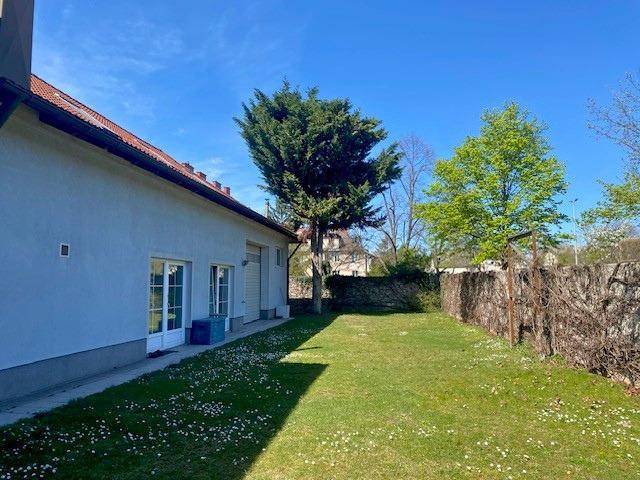Gepflegter Gartenbereich mit Rasenfläche, Bäumen und Hecke neben dem Haus unter blauem Himmel.