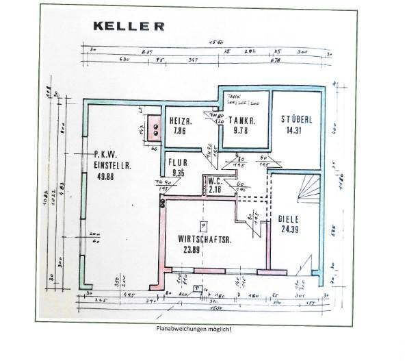 Grundriss des Kellers mit Garage, Heizraum, Tankraum und weiteren Nutzräumen.
