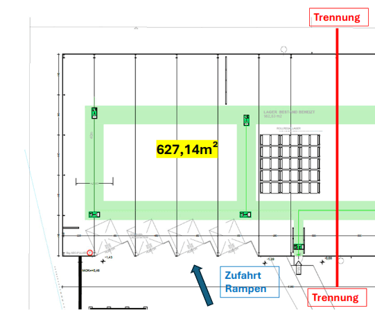 Grundriss zeigt einen großen Lagerbereich von 627,14 m² mit Zufahrt und Rampen.