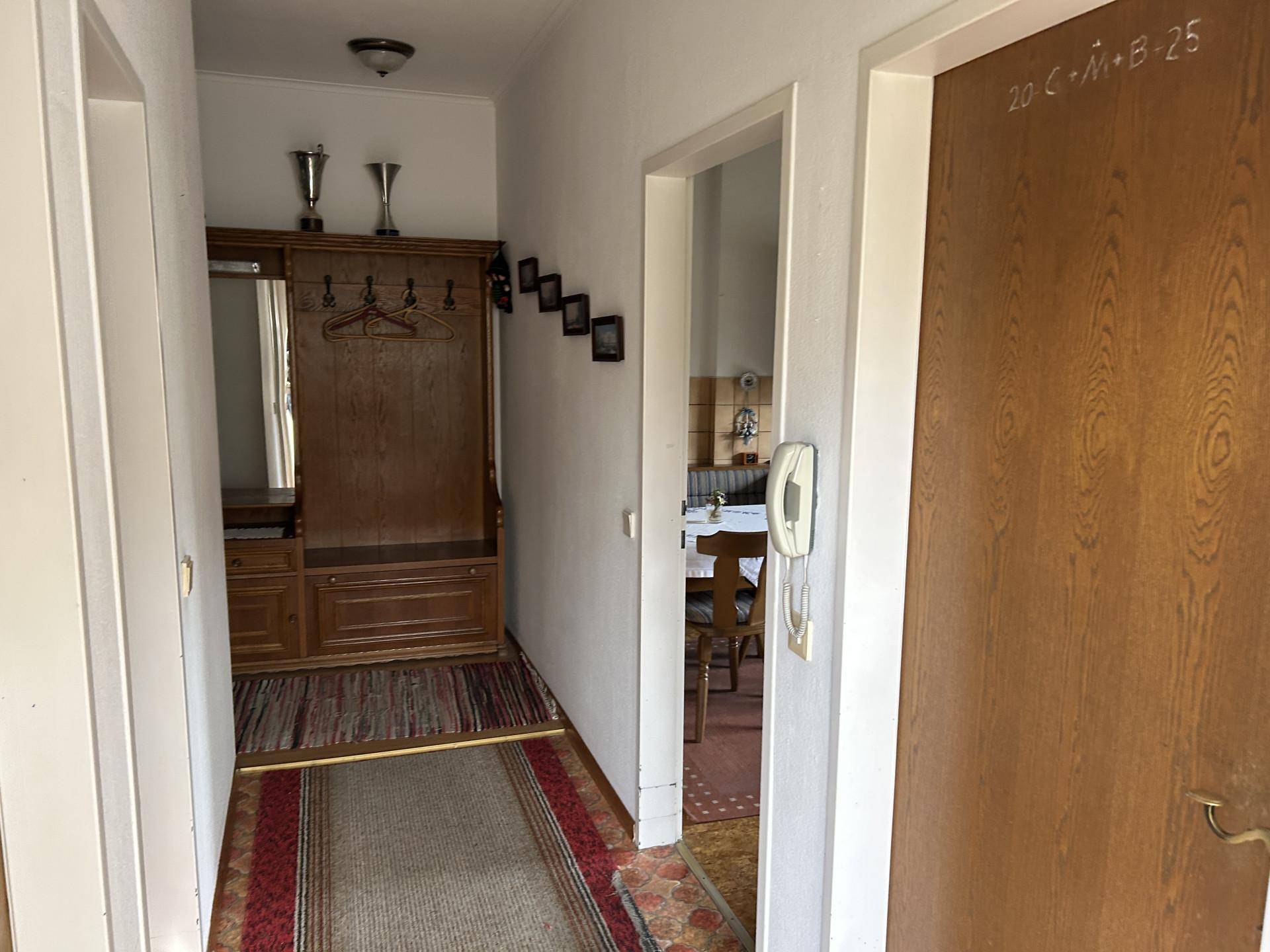 Langer Flur mit Teppichläufer, Holzgarderobe und Zugang zu weiteren Räumen.