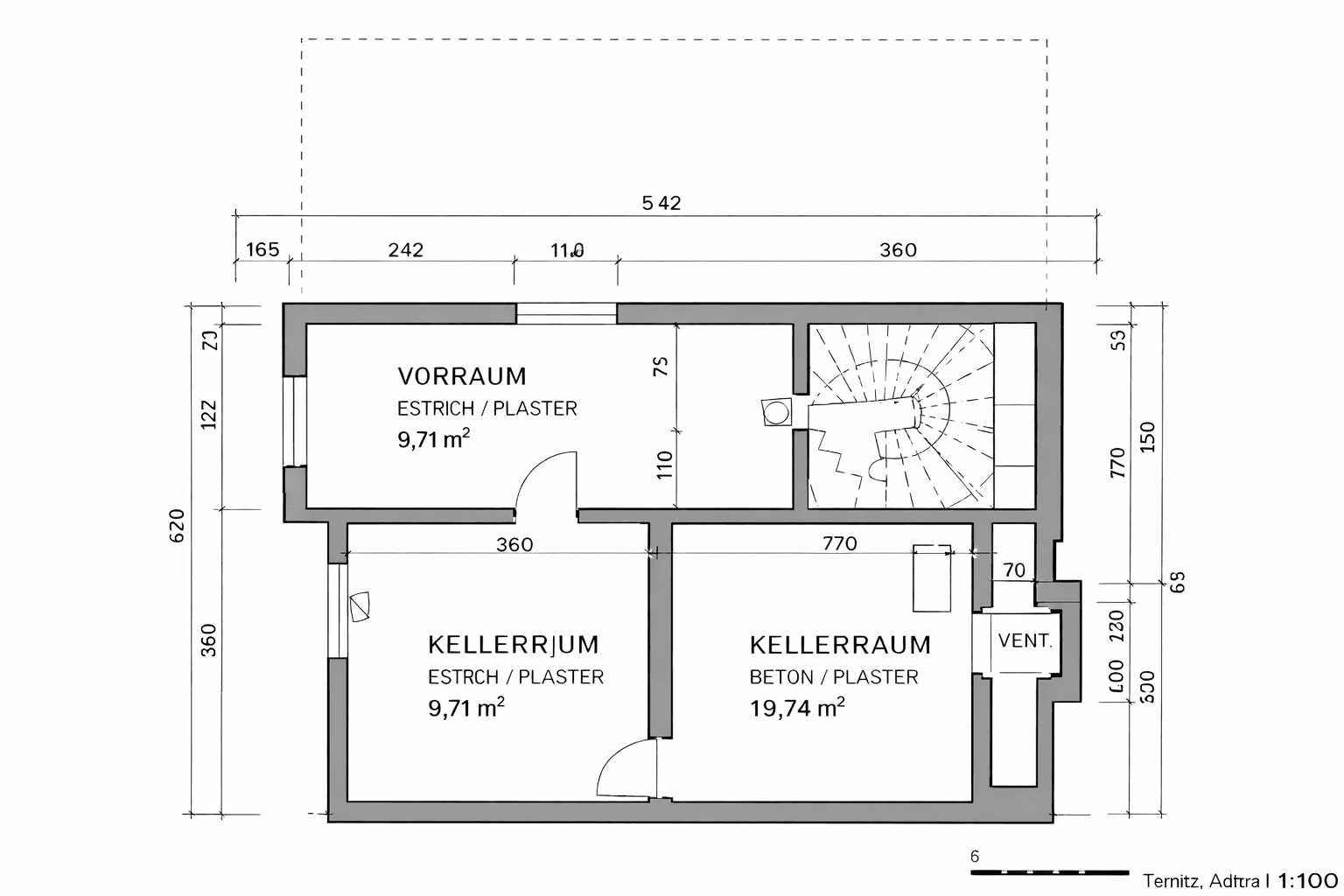 Grundriss des Kellergeschosses mit Vorraum und zwei Kellerräumen.