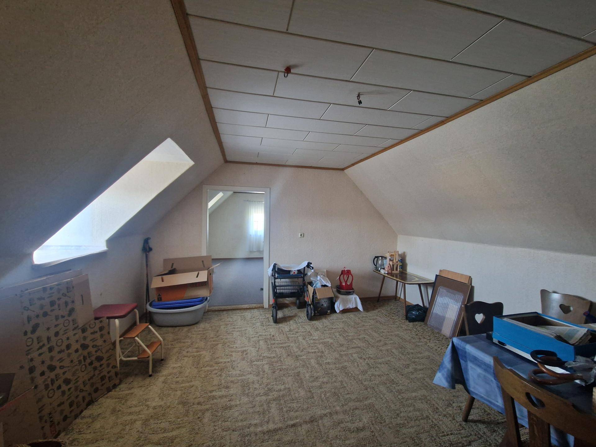 Dachbodenraum mit Teppichboden, Dachschräge und einem Dachfenster für natürliches Licht.