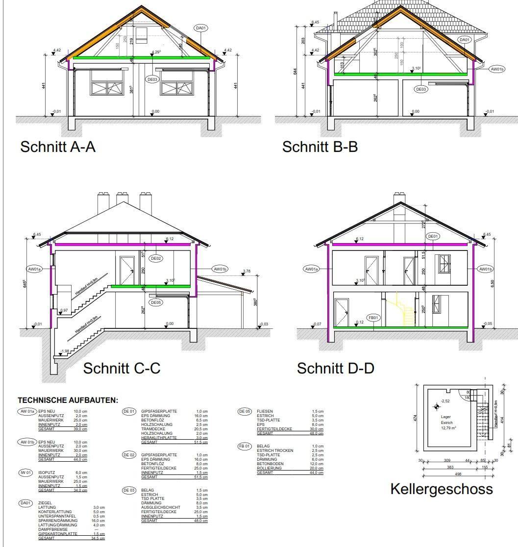 Architektonische Schnitte des Gebäudes und Grundriss des Kellergeschosses mit Lagerflächen.