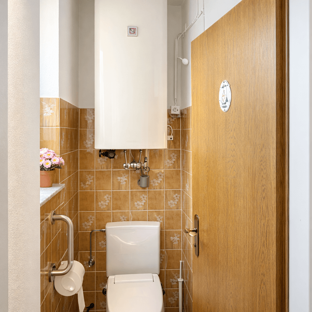 Separate Toilette mit braunen Fliesen, Fenster und Warmwasserboiler an der Wand.