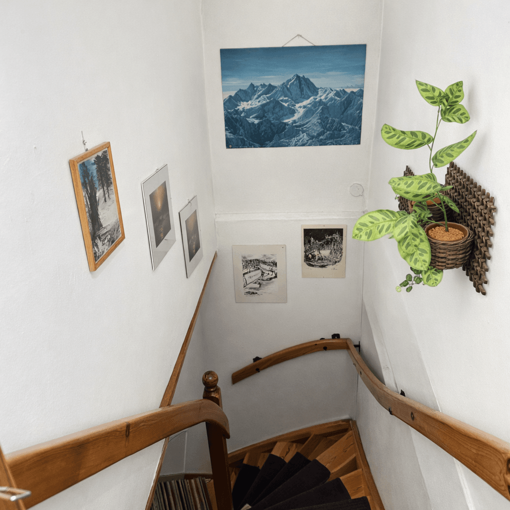 Treppenhaus mit Holzgeländer, weiß gestrichenen Wänden und dekorativen Bildern.