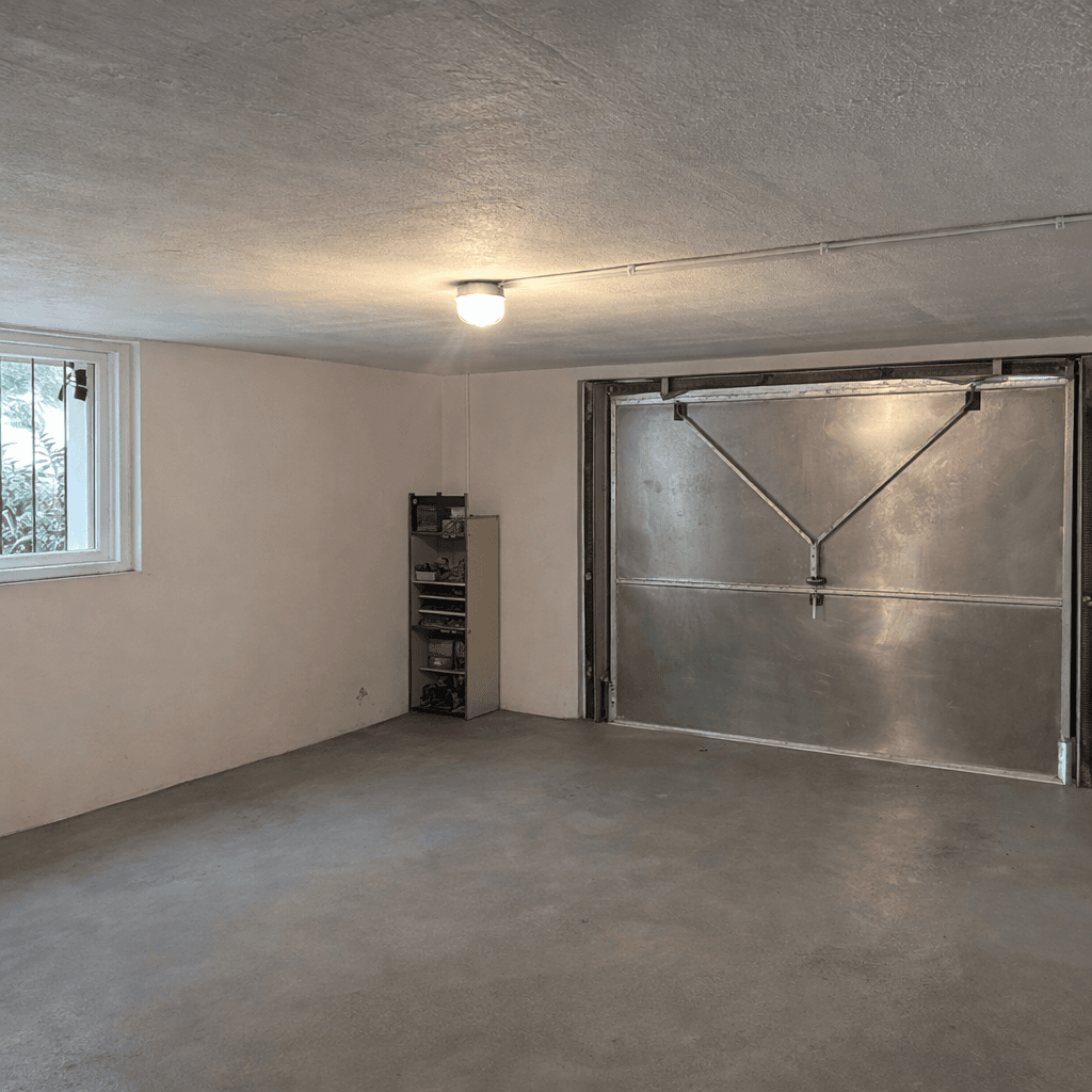 Geräumige Garage mit Betonboden, Fenster und großem Metalltor.