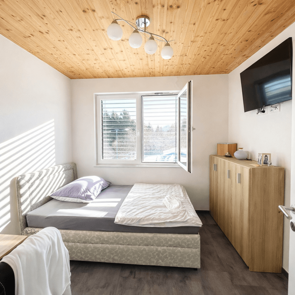 Gemütliches Schlafzimmer mit Einzelbett, Holzbalkendecke und Blick ins Grüne durch das Fenster.