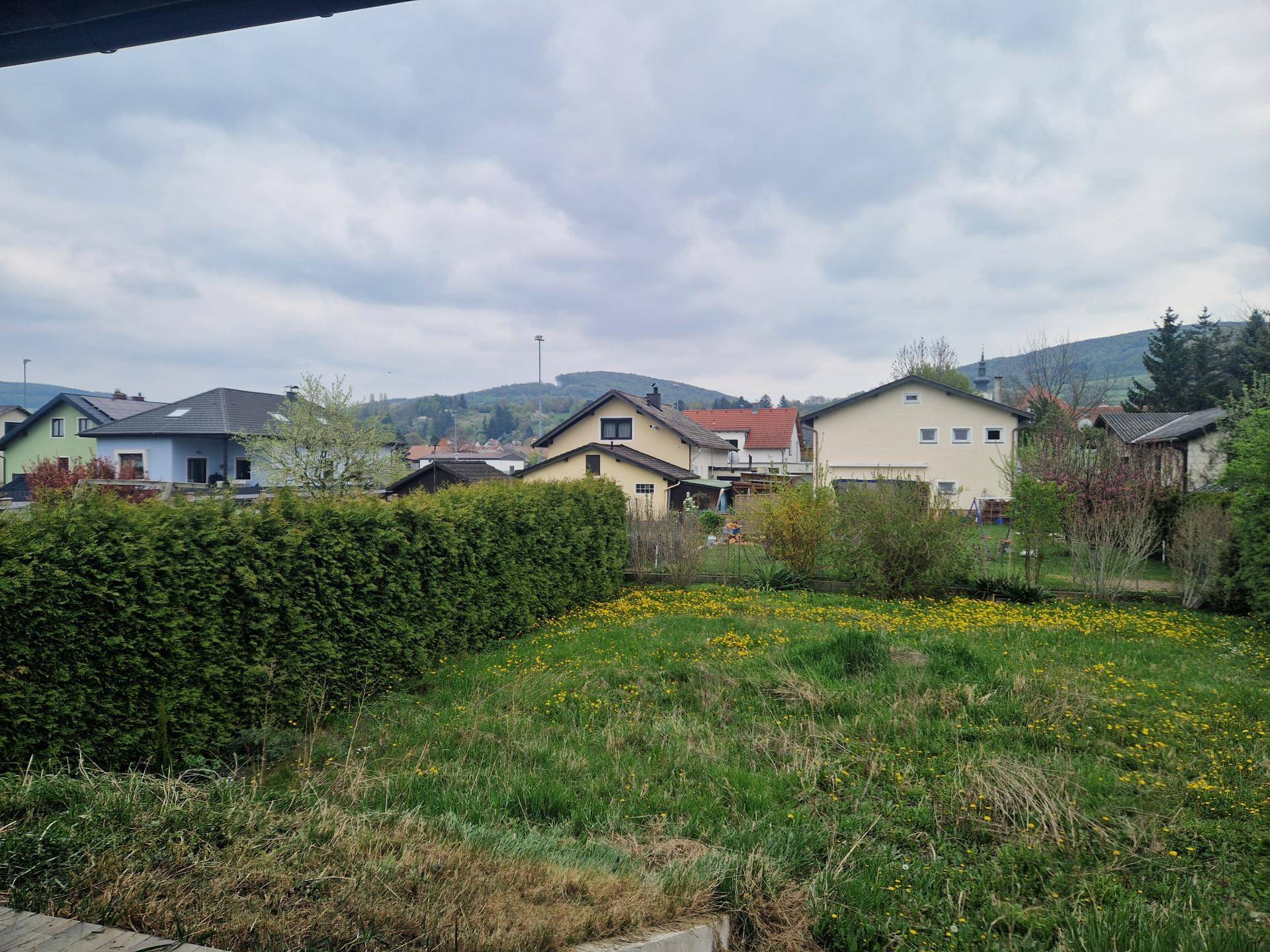 Gartenbereich mit Rasenfläche und Hecke, umgeben von weiteren Wohnhäusern in ländlicher Umgebung.