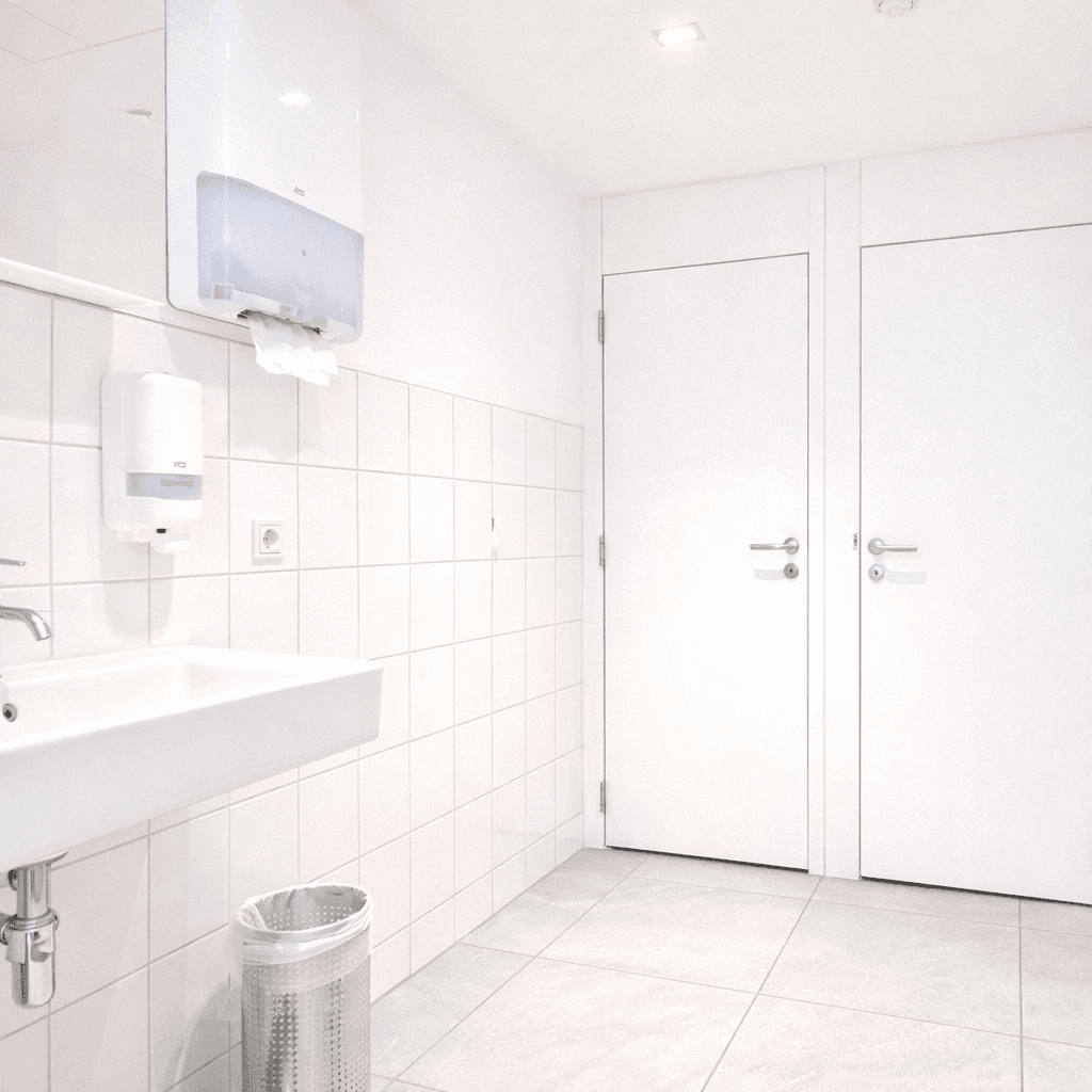 Modernes, helles Badezimmer mit weißen Fliesen, Waschbecken und zwei Toilettenkabinen.