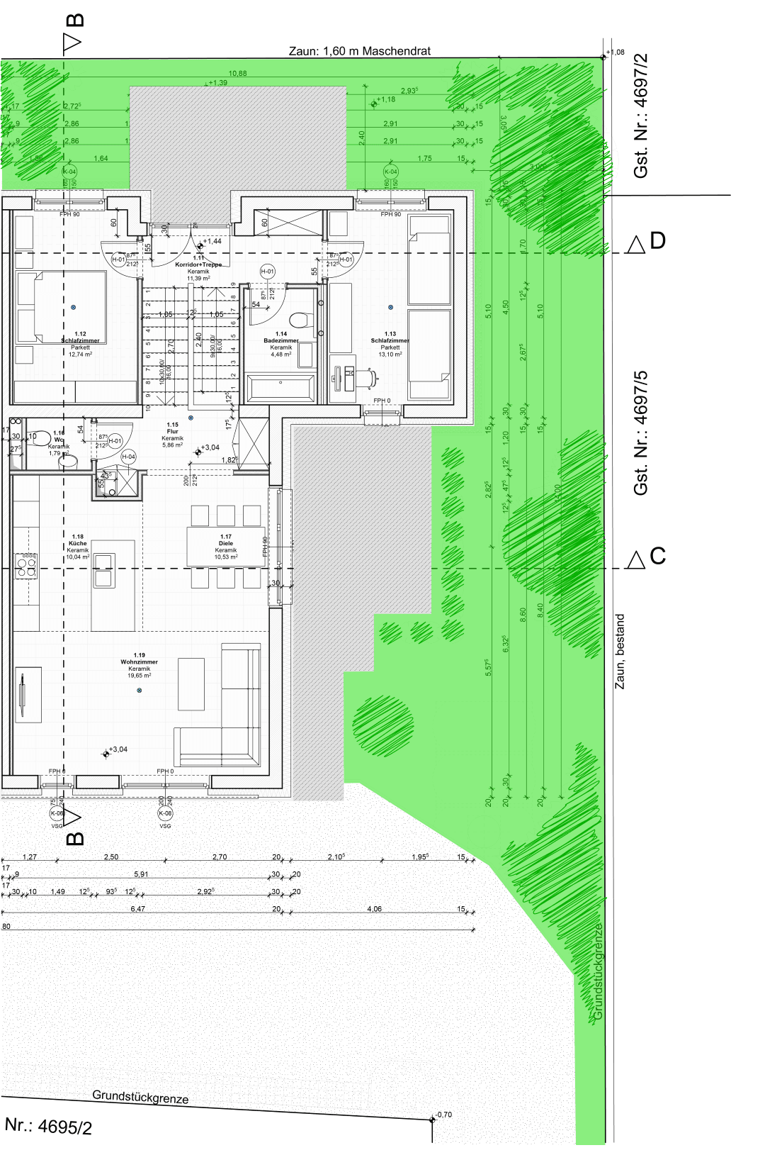 Grundrissplan zeigt zwei Wohneinheiten mit Wohnbereichen, Schlafzimmern und Terrassenzugang.