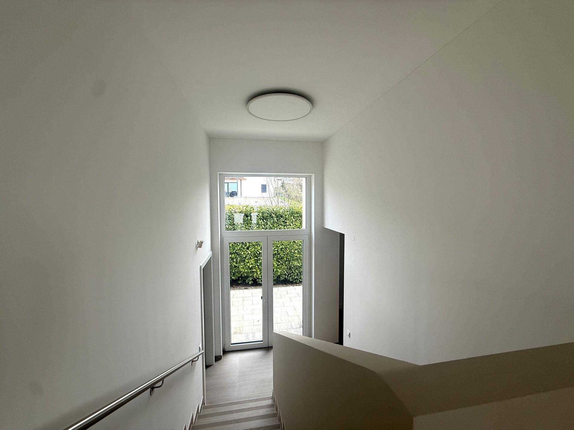 Heller Treppenbereich mit Zugang zum Garten durch eine Glastür, umgeben von einer Hecke.