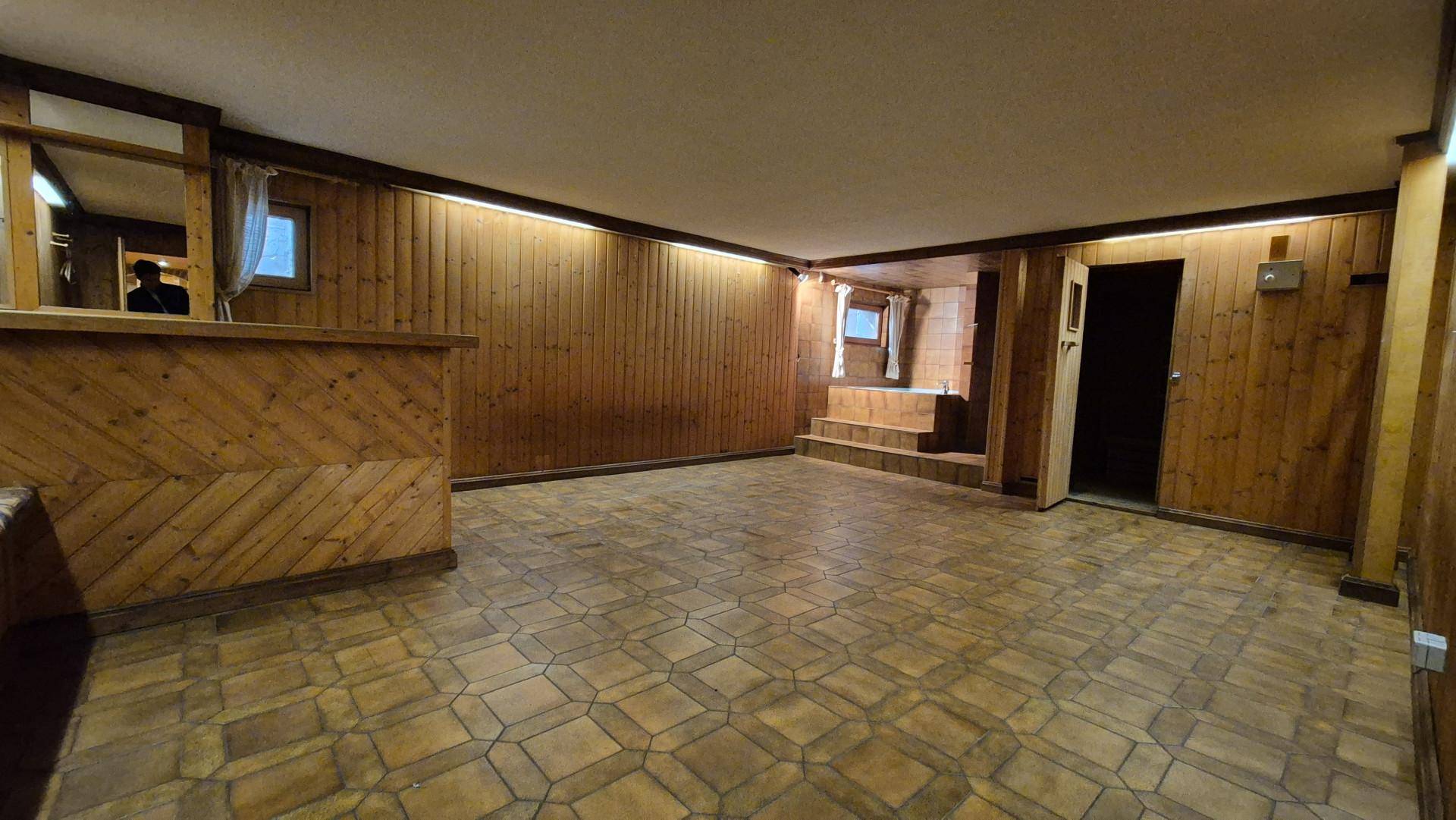 Geräumiger Wellnessbereich im Keller mit Bar, Whirlpool und Sauna.