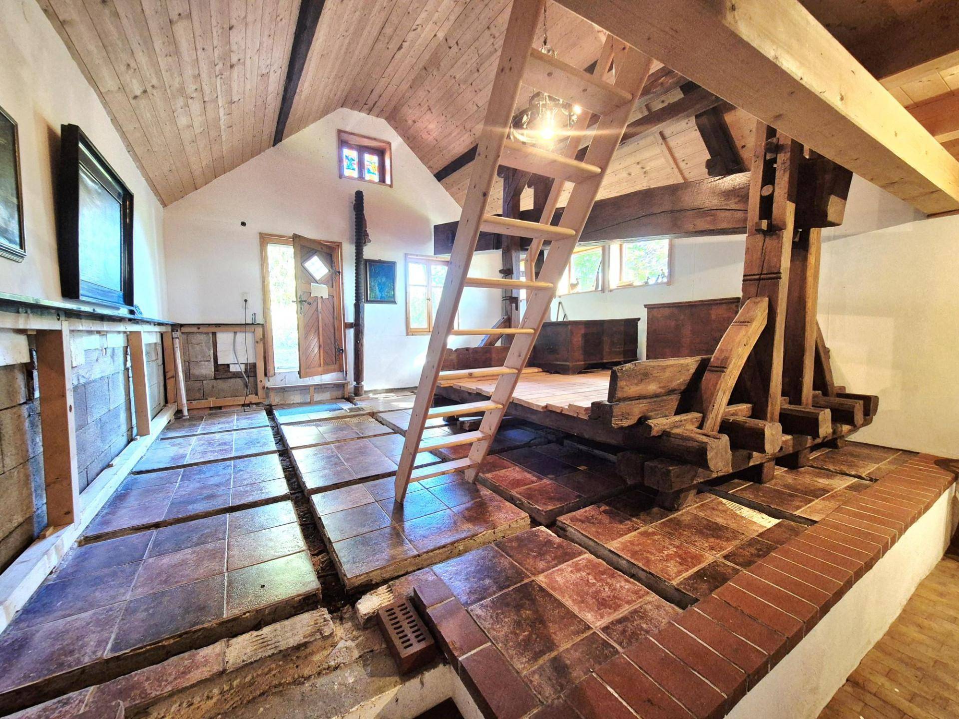 Offener Wohnbereich mit Holzbalken, Fliesenboden und einer Holzleiter, die zu einer oberen Ebene führt.