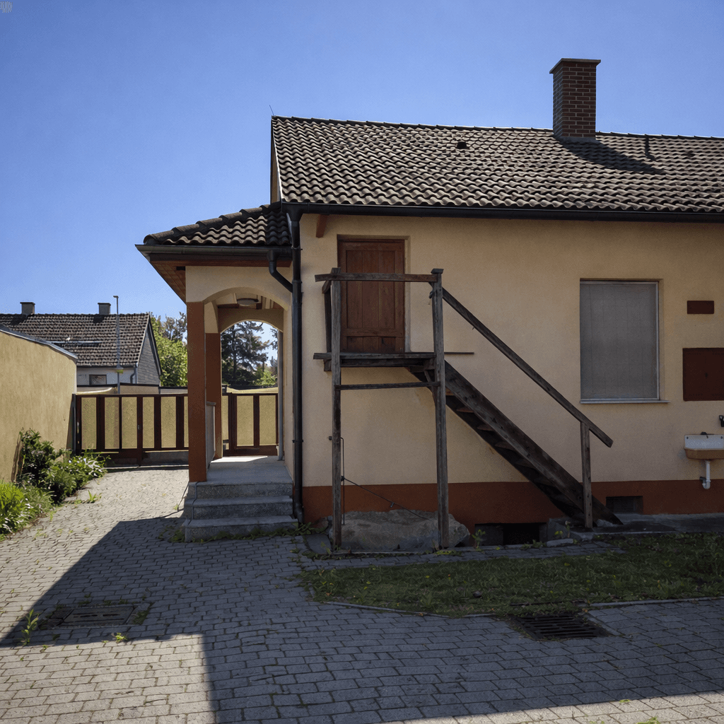 Rückansicht des Gebäudes mit externer Holztreppe und gepflastertem Zugangsbereich an einem hellen Tag.