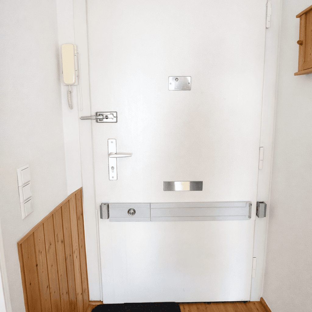 Weiße Eingangstür mit Gegensprechanlage und Holzverkleidung im Flurbereich.