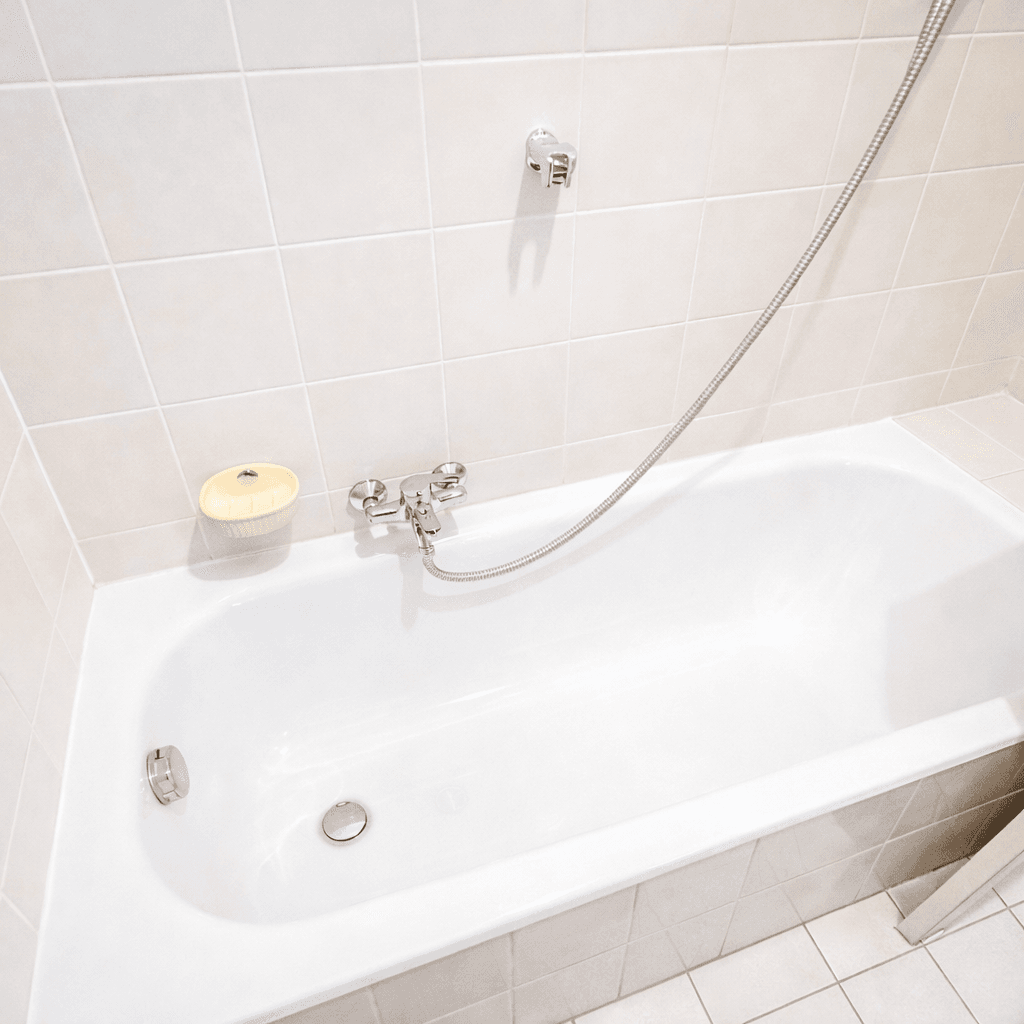 Eingebaute Badewanne mit Duscharmatur und weißen Fliesen in einem Badezimmer.
