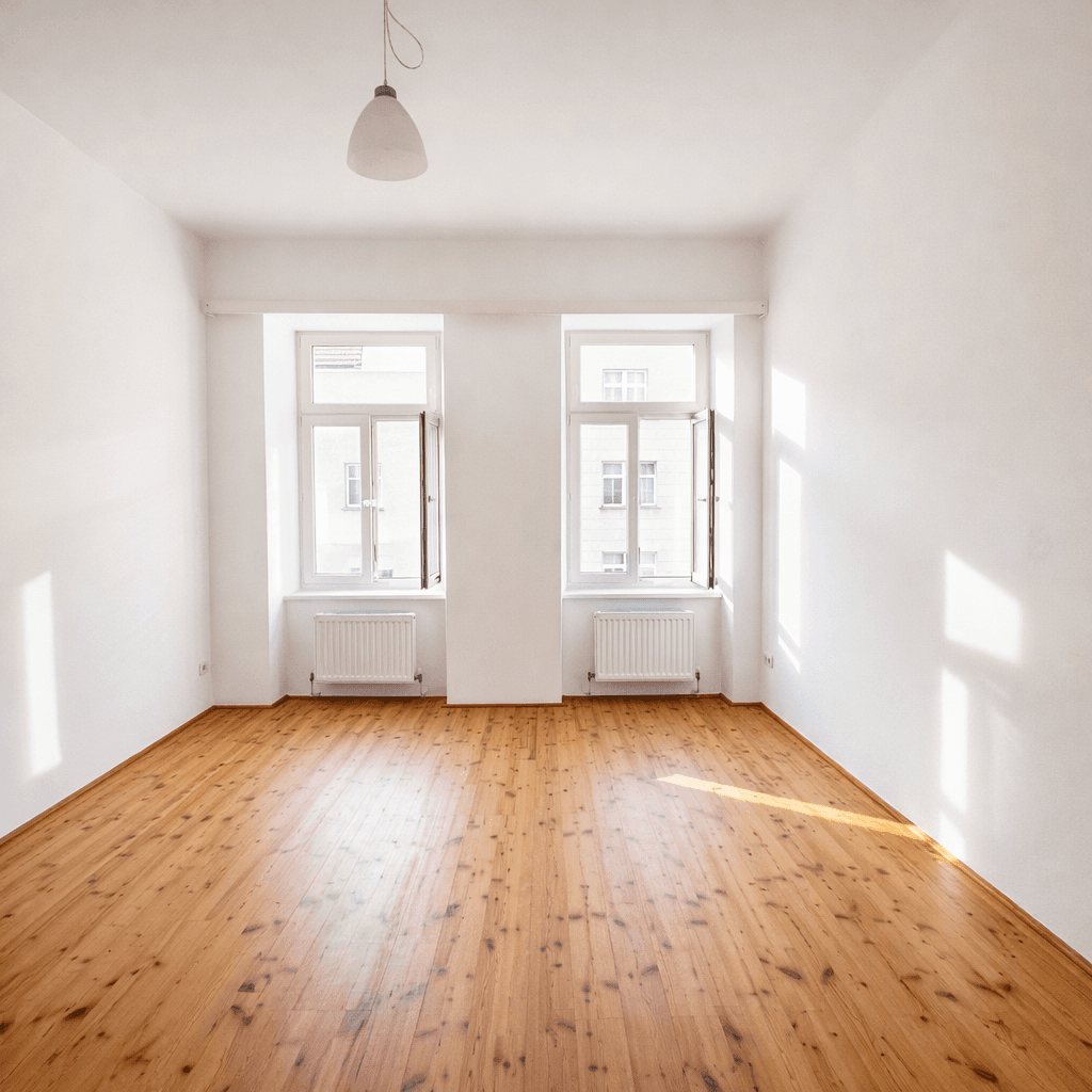Geräumiger, heller Raum mit Holzdielenboden und zwei Fenstern, die viel Tageslicht hereinlassen.