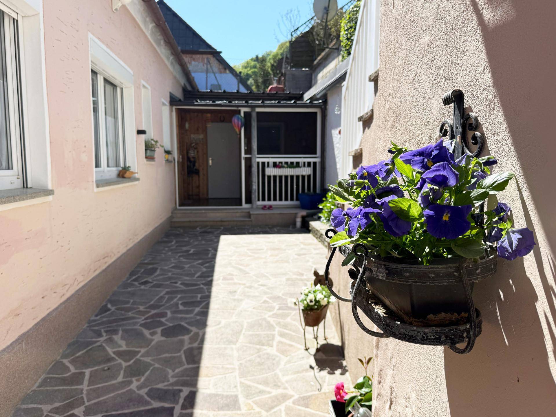 Schmaler gepflasterter Weg zwischen zwei Gebäuden mit Blumenampel an der Wand.