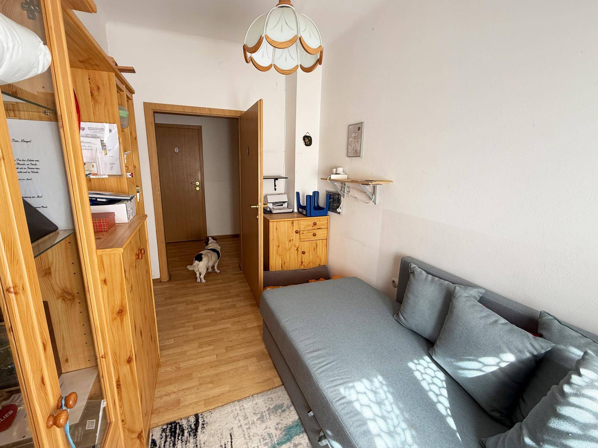 Helles Zimmer mit Schlafsofa, Holzregalen und Blick auf den Flur.