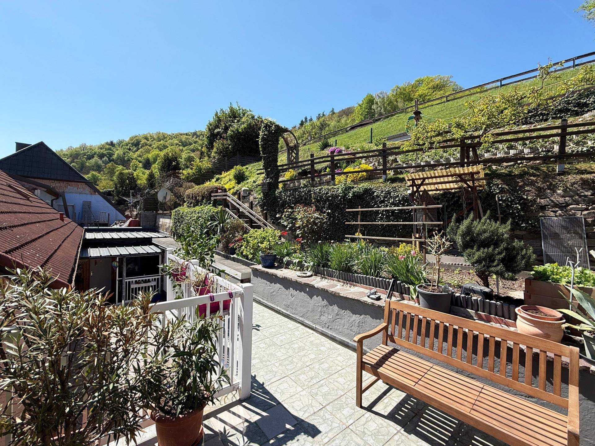 Sonniger Terrassenbereich mit Holzbänken und Blick auf den terrassierten Garten und die Hügel.