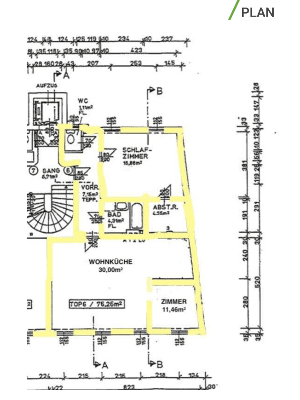Grundriss einer 76,26m² Wohnung mit Wohnküche, zwei Zimmern, Bad und separatem WC.