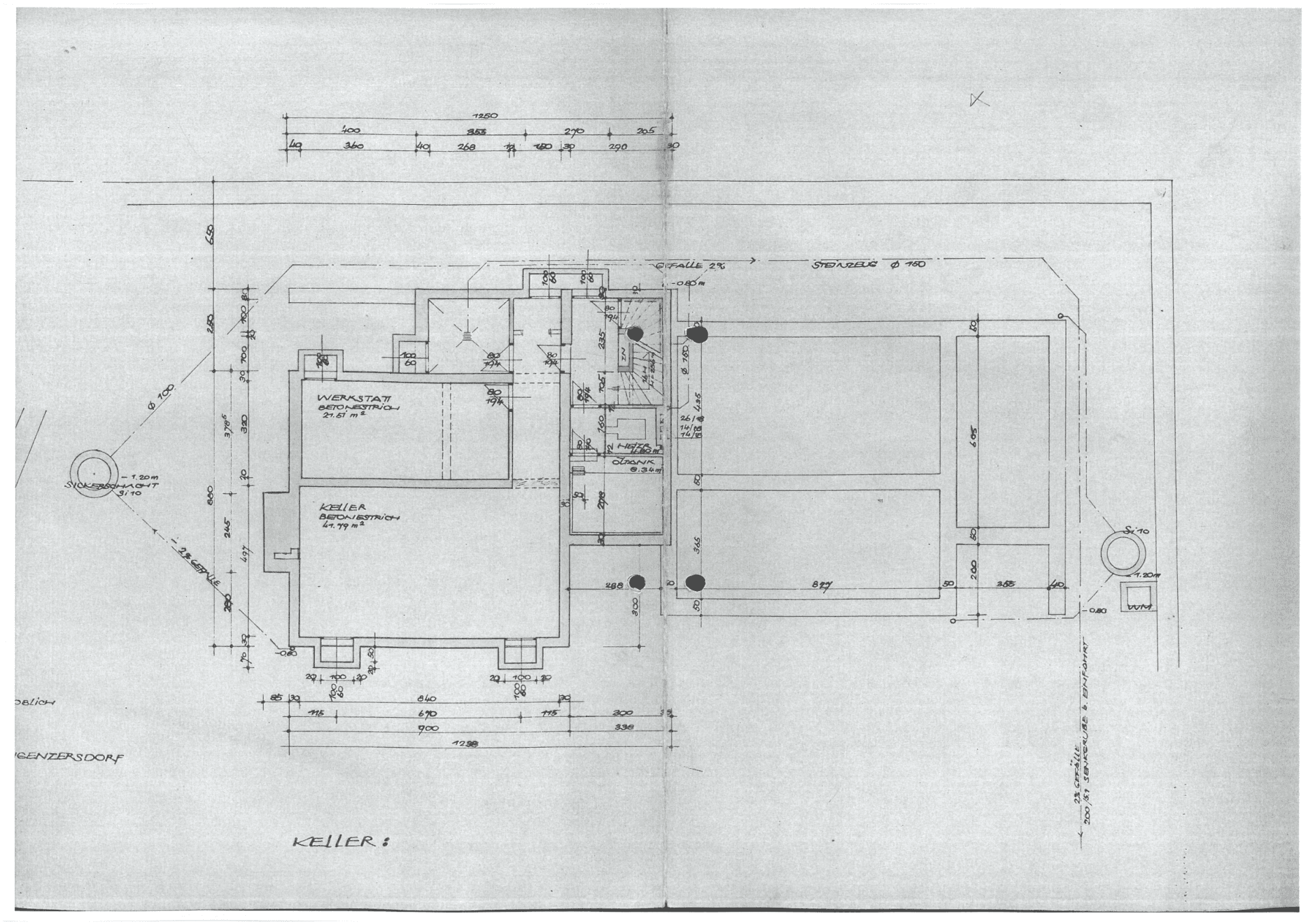 Grundriss des Kellergeschosses mit Werkstatt und weiteren Kellerräumen.